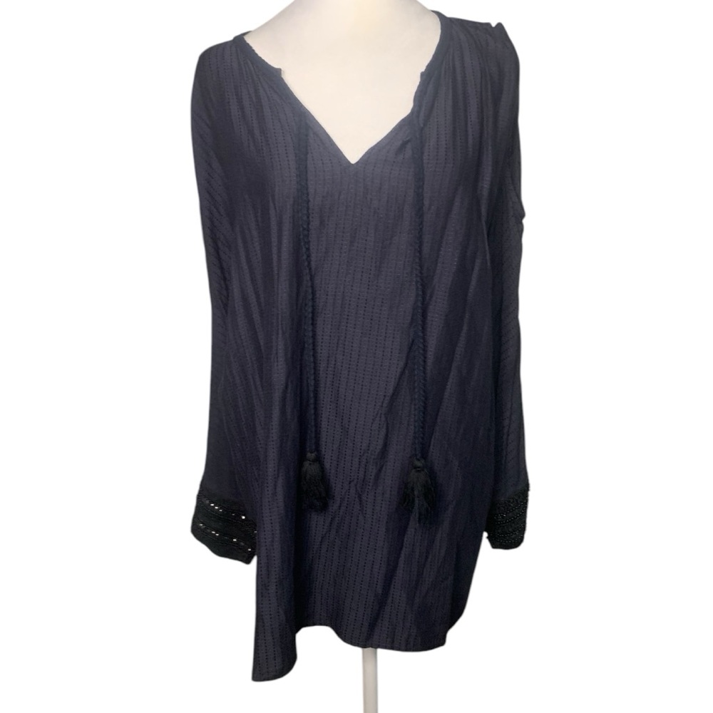 Soft Surroundings Plus Suze 1X Navy Blue Tassel Detail Beaded Cuff Cut Out Top